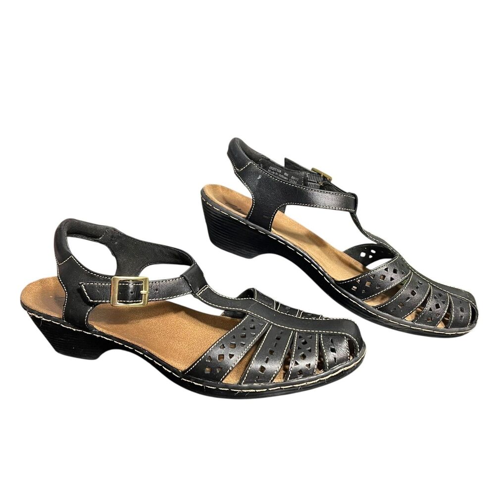 Clarks Sandals Womens Size 9 Black Leather T-Strap Slingback Low Wedge 26095E108 - Picture 13 of 14